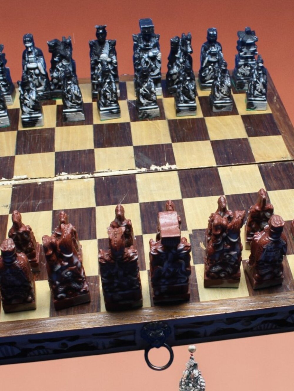 Vintage Asian Style Folding Chess Set Resin Figures Wood Box Board Complete